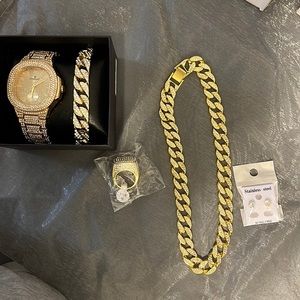 New Charles Raymond watch, bracelet, size 9 ring, & chain, earrings